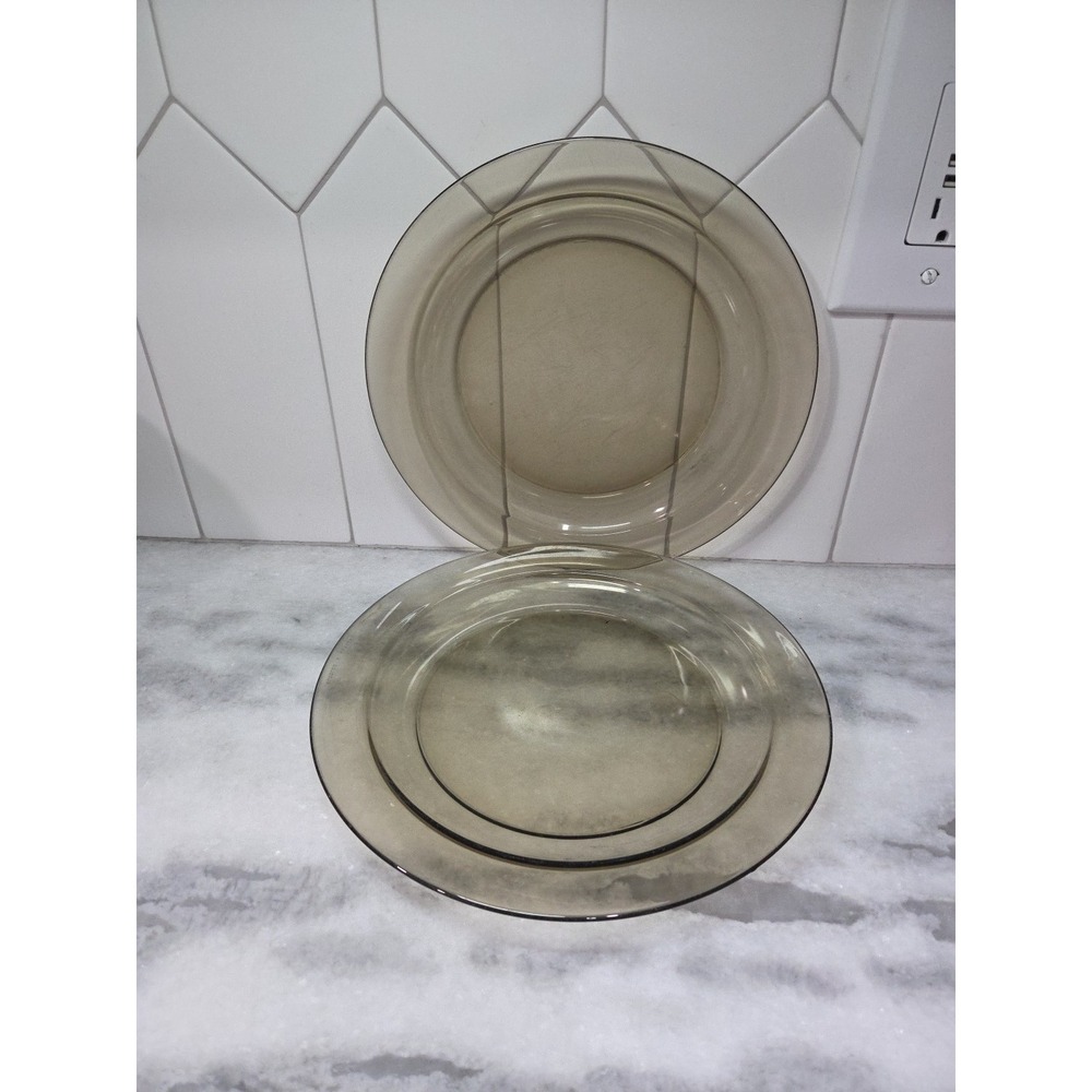 Arcoroc‎ Smoke Gray Lunch Plates, Set Of 2, Glass Dinnerware, Vintage Tableware
